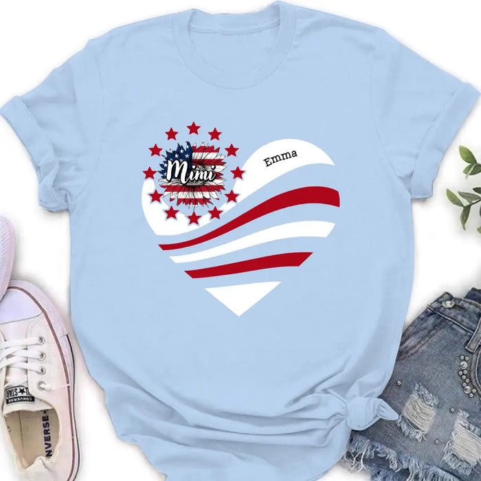 Custom Personalized Grandma With Grandkids Sunflower American Flag T-Shirt/ Hoodie - Upto 10 Kids - Gift Idea For Grandma/ Mom/ Independence Day/ 4th Of July