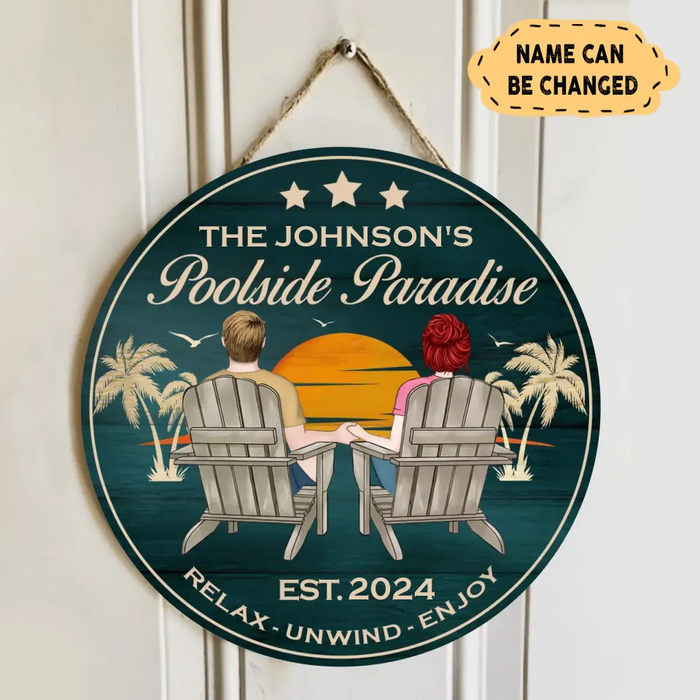 Personalized Poolside Paradise Wooden Sign - Gift Idea For Couple/Husband And Wife - Relax Unwind Enjoy