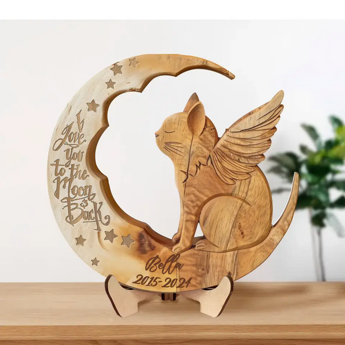 Personalized Cat Moon 2 Layered Wooden Art - Memorial Gift Idea for Cat Lover - I Love You To The Moon And Back