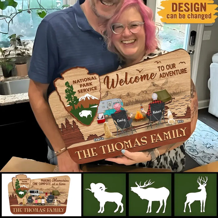 Custom Personalized Camping Wooden Sign - Couple/ Parents With Upto 3 Kids And 3 Pets - Gift Idea For Family/ Camping/ Dog/ Cat Lover - Making Memories One Campsite At A Time