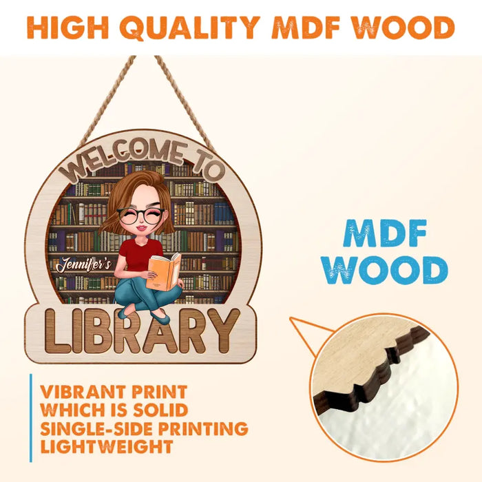 Custom Personalized Reading Girl Wooden Sign - Gift Idea For Book Lover - Welcome To Library