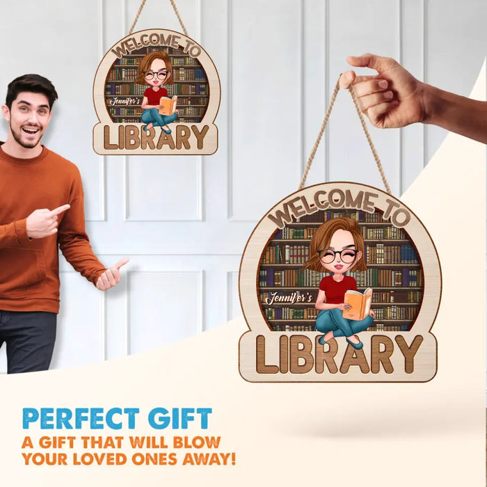 Custom Personalized Reading Girl Wooden Sign - Gift Idea For Book Lover - Welcome To Library