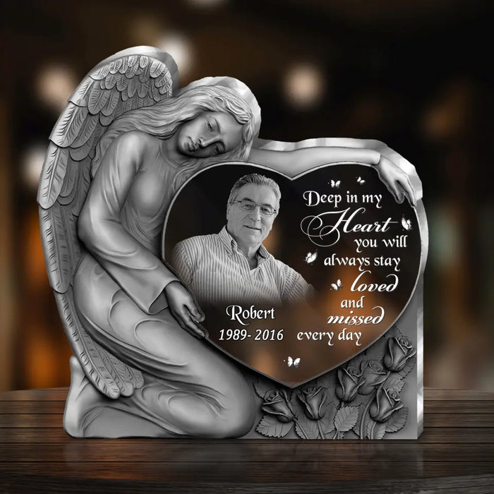 Custom Personalized Angel Heart Memorial Acrylic Plaque - Memorial Gift Idea For Christmas/ Family Member - Upload Photo - Deep In My Heart You Will Always Stay Loved And Missed Every Day