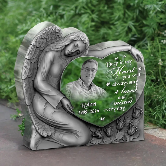 Custom Personalized Angel Heart Memorial Acrylic Plaque - Memorial Gift Idea For Christmas/ Family Member - Upload Photo - Deep In My Heart You Will Always Stay Loved And Missed Every Day