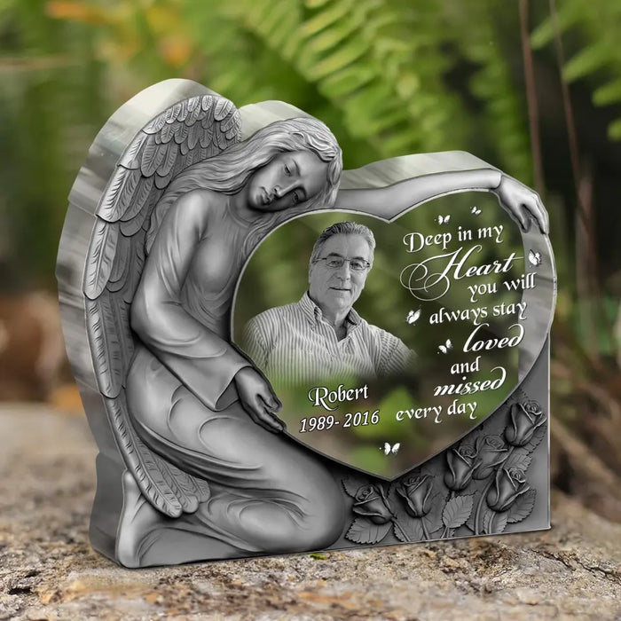 Custom Personalized Angel Heart Memorial Acrylic Plaque - Memorial Gift Idea For Christmas/ Family Member - Upload Photo - Deep In My Heart You Will Always Stay Loved And Missed Every Day