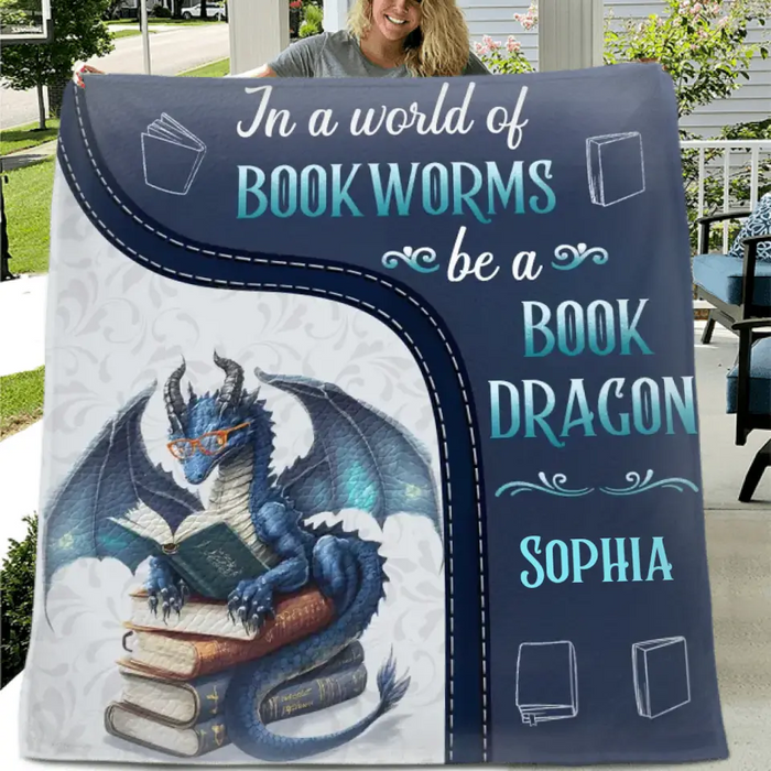 Personalized Book Dragon Quilt/Fleece Throw Blanket - Gift Idea For Book Lover - In A World Of Book Worms Be A Book Dragon