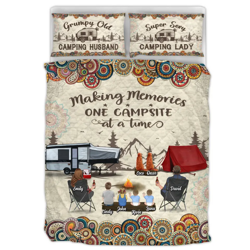 Personalized Floral Retro Camping Quilt Bed Sets - Gift Idea For Family/Couple Camping Lovers - Up to 4 Kids, 4 Pets