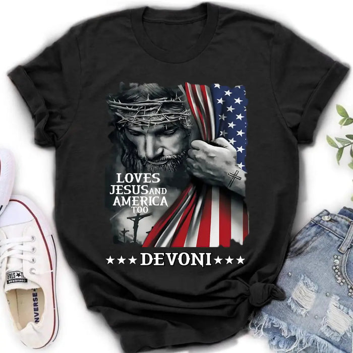Personalized Patriotic Christian T-Shirt/Long Sleeve/Sweatshirt/Hoodie - Independence Day Gift - Loves Jesus and America Too