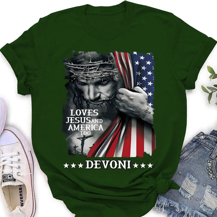 Personalized Patriotic Christian T-Shirt/Long Sleeve/Sweatshirt/Hoodie - Independence Day Gift - Loves Jesus and America Too