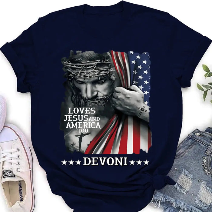 Personalized Patriotic Christian T-Shirt/Long Sleeve/Sweatshirt/Hoodie - Independence Day Gift - Loves Jesus and America Too