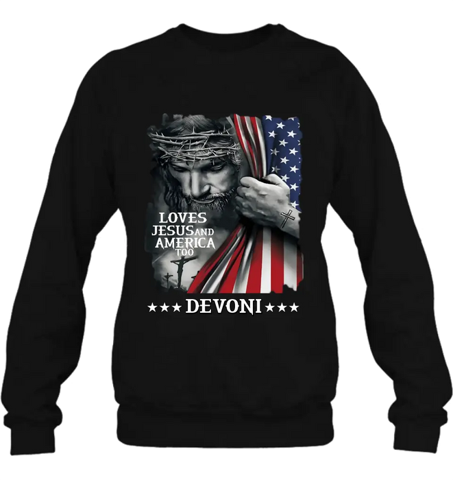 Personalized Patriotic Christian T-Shirt/Long Sleeve/Sweatshirt/Hoodie - Independence Day Gift - Loves Jesus and America Too