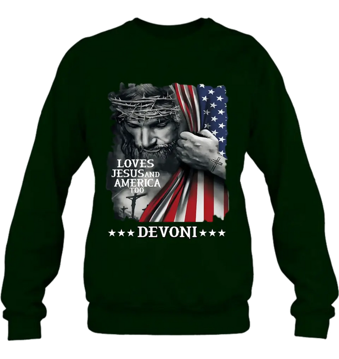Personalized Patriotic Christian T-Shirt/Long Sleeve/Sweatshirt/Hoodie - Independence Day Gift - Loves Jesus and America Too