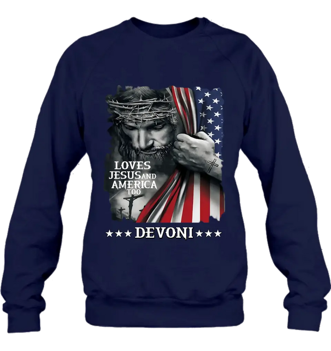 Personalized Patriotic Christian T-Shirt/Long Sleeve/Sweatshirt/Hoodie - Independence Day Gift - Loves Jesus and America Too