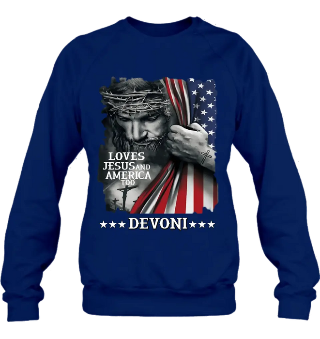 Personalized Patriotic Christian T-Shirt/Long Sleeve/Sweatshirt/Hoodie - Independence Day Gift - Loves Jesus and America Too