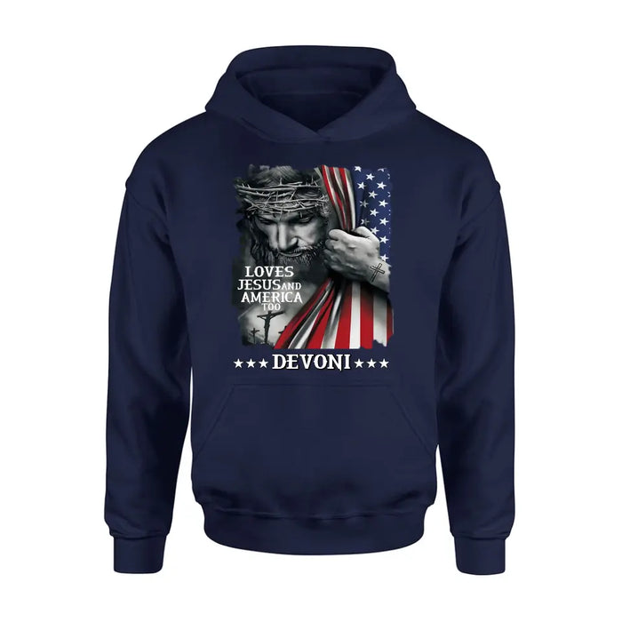 Personalized Patriotic Christian T-Shirt/Long Sleeve/Sweatshirt/Hoodie - Independence Day Gift - Loves Jesus and America Too