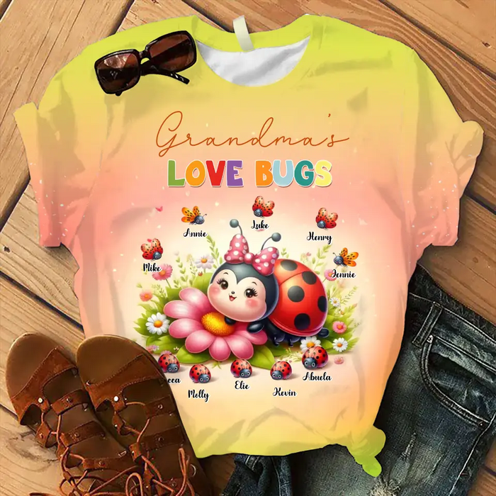 Personalized Grandma AOP T-shirt - Gift Idea For Grandma/Mother - Up to 10 Kids - Grandma's Love Bugs