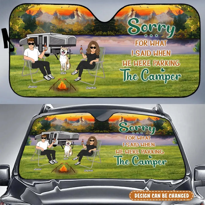 Custom Personalized Camping Windshield Sunshade - Couple With Upto 4 Pets- Gift Idea For Camping/ Dog/Cat Lovers - Love Is Staying Together After Trying To Park The Camper