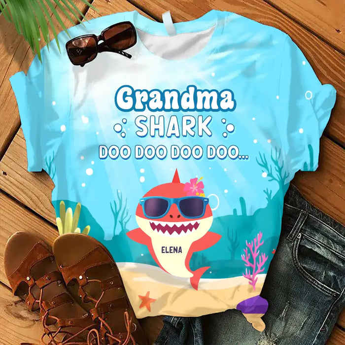 Personalized Grandma Shark Doo Doo Doo AOP T-shirt - Gift Idea For Grandma/Mother - Up to 10 Kids