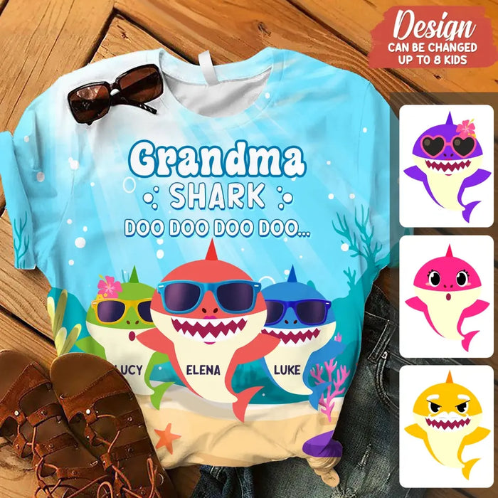 Personalized Grandma Shark Doo Doo Doo AOP T-shirt - Gift Idea For Grandma/Mother - Up to 10 Kids
