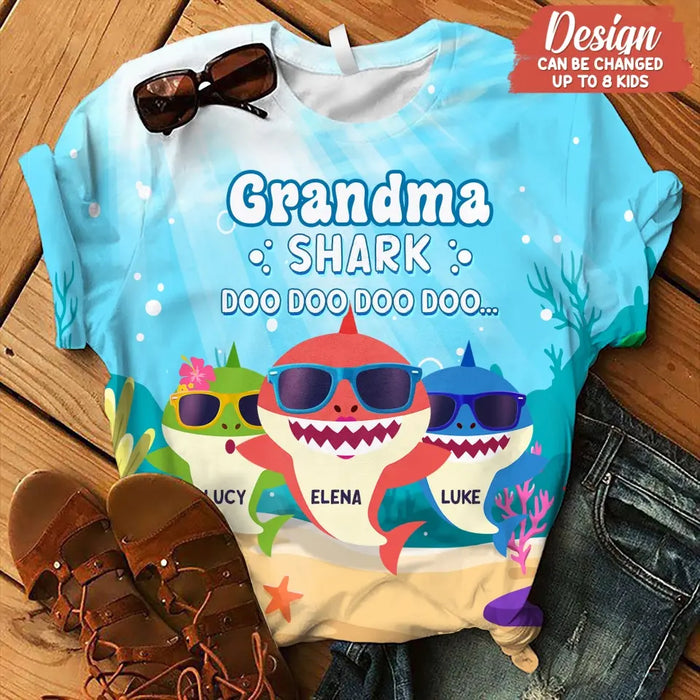 Personalized Grandma Shark Doo Doo Doo AOP T-shirt - Gift Idea For Grandma/Mother - Up to 10 Kids