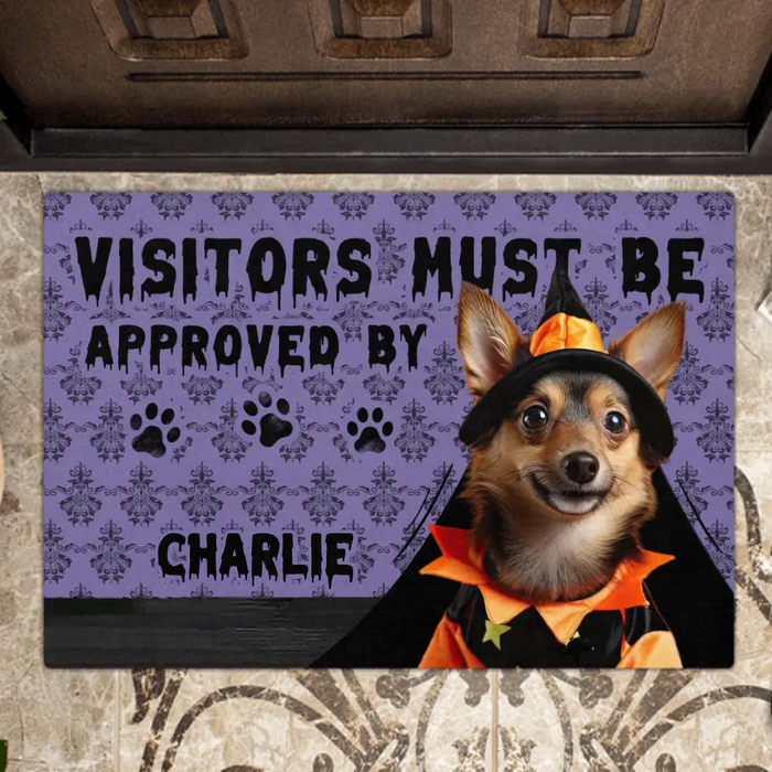 Custom Personalized Upload Photo Doormat - Halloween Gift Idea For Dog/ Cat Owner - Visitors Must Be Approved By Charlie