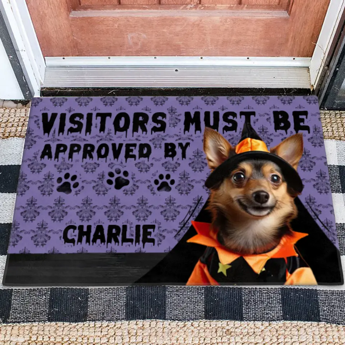 Custom Personalized Upload Photo Doormat - Halloween Gift Idea For Dog/ Cat Owner - Visitors Must Be Approved By Charlie