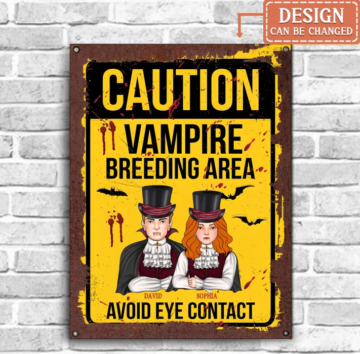 Custom Personalized Vampire Metal sign - Funny Gift Idea For Couple/ Family - Upto 2 Kids - Caution Vampire Breeding Area Avoid Eye Contact