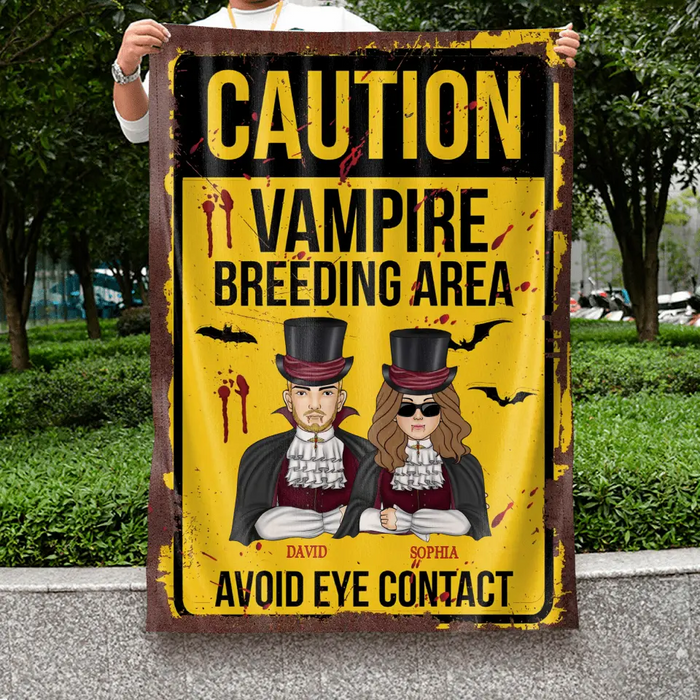 Custom Personalized Vampire Flag sign - Funny Gift Idea For Couple/ Family - Upto 2 Kids - Caution Vampire Breeding Area Avoid Eye Contact