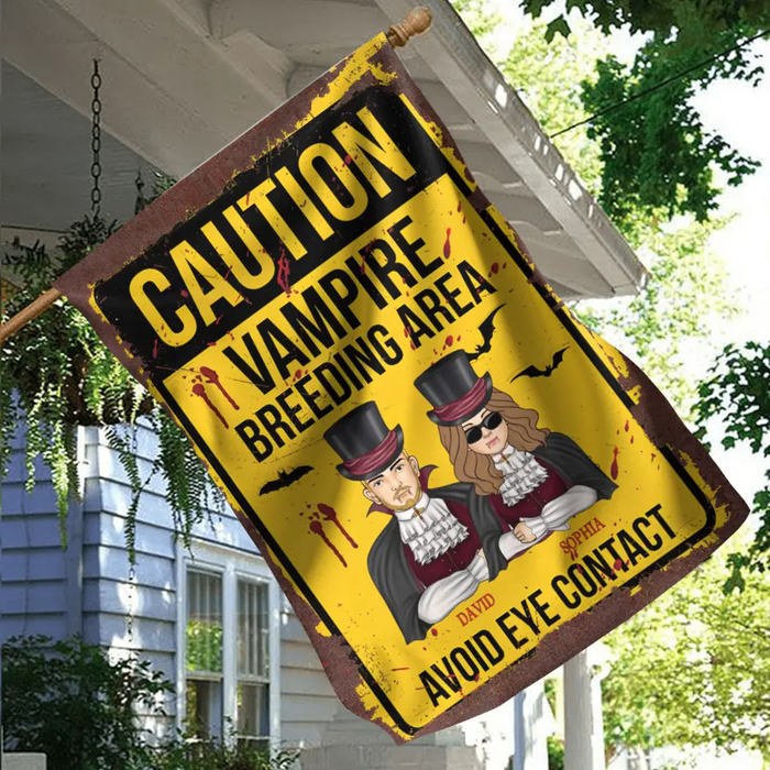 Custom Personalized Vampire Flag sign - Funny Gift Idea For Couple/ Family - Upto 2 Kids - Caution Vampire Breeding Area Avoid Eye Contact