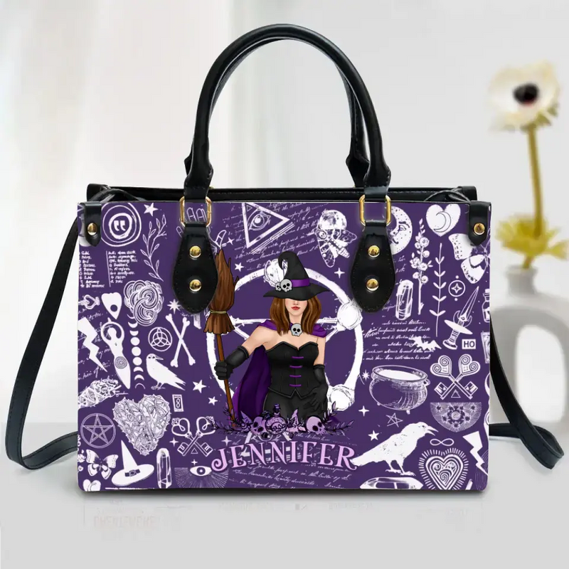 Personalized Witch PU Leather Handbag with Long Straps - Gift Idea For Halloween/Witch/Friend