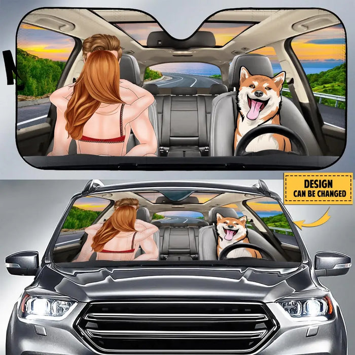 Custom Personalized Photo Dog Driving Family Together Auto Windshield Sunshade - Gift Idea For Couple/ Dog Lover