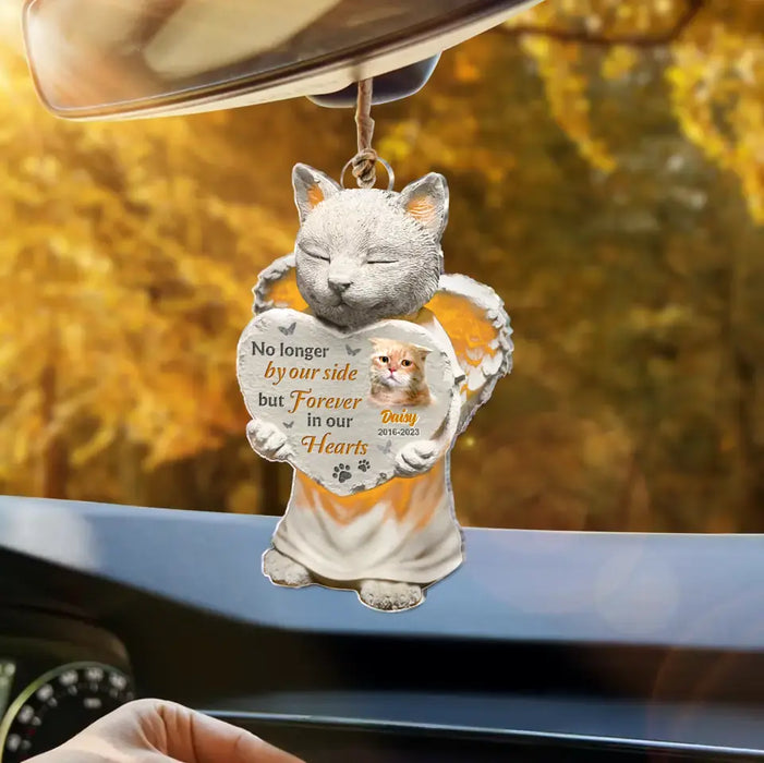 No Longer By Our Side But Forever In Our Hearts - Custom Personalized Memorial Acrylic Car Ornament - Memorial Gift Idea For Christmas/ Cat Owner - Upload Cat Photo