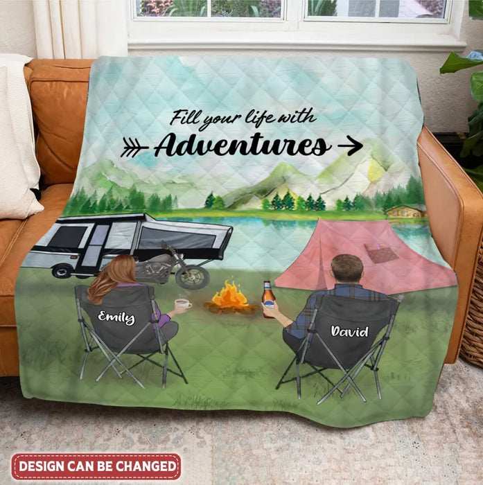 Custom Personalized Camping Quilt/ Fleece Blanket - Couple/ Parents With Upto 5 Kids And 4 Pets - Gift Idea For Camping Lover - Fill Your Life With Adventures