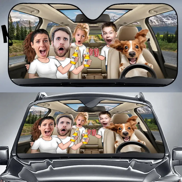 Personalized Photo Dog Driving Family Together Auto Windshield Sunshade - Couple With Kids And Dog- Gift Idea For Family/Couple/ Dog Lover