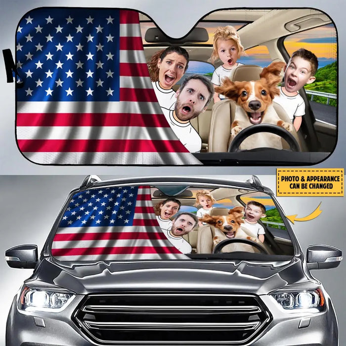 Custom Personalized Photo Dog Driving Family Trip Auto Windshield Sunshade - Couple With Kids And Dog- Gift Idea For Family/ Couple/ Dog Lover