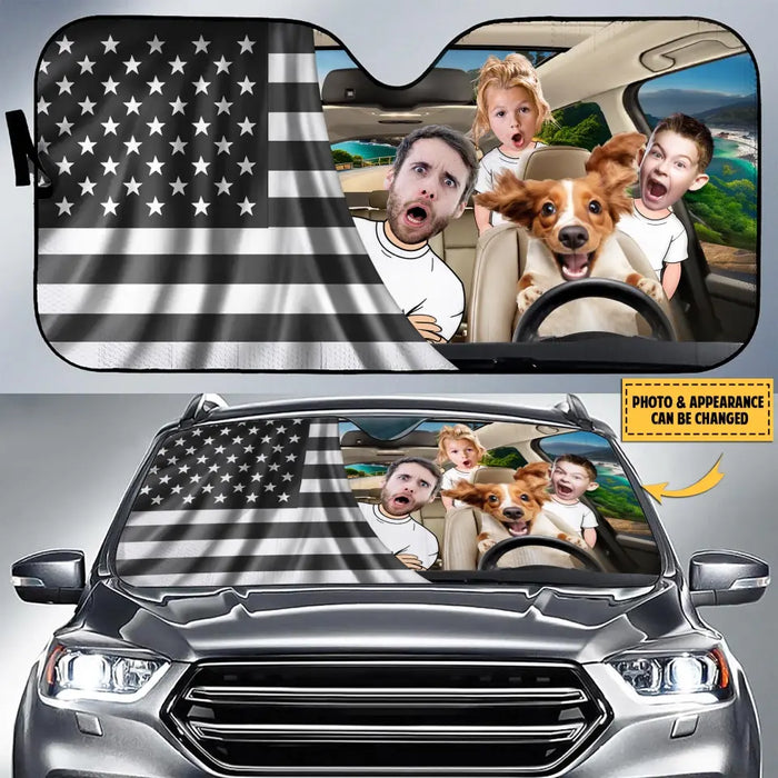 Custom Personalized Photo Dog Driving Family Trip Auto Windshield Sunshade - Couple With Kids And Dog- Gift Idea For Family/ Couple/ Dog Lover