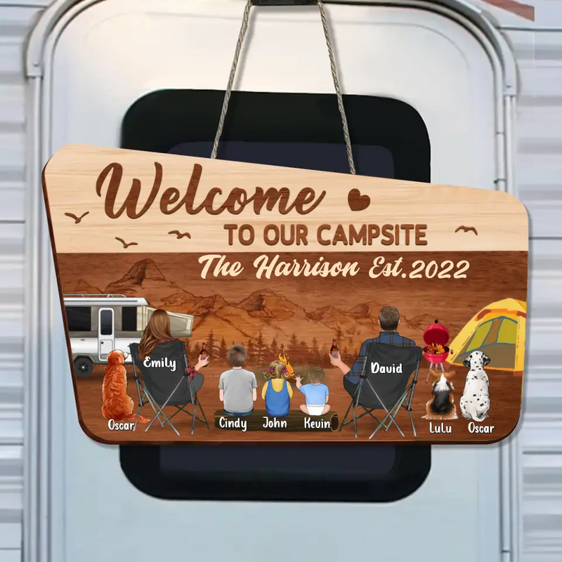 Personalized Camping Wooden Sign - Single Parent/Couple With Up to 3 Kids And 3 Pets - Gift Idea For Family/Camping Lovers