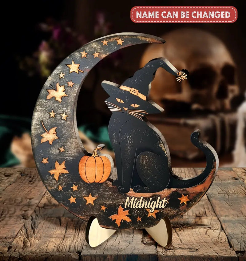 Personalized Witch Cat 2 Layered Wooden Art - Halloween Gift Idea For Cat Lover