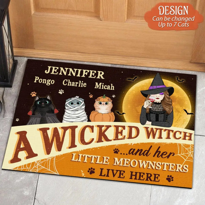 Personalized Halloween Witch Cat Doormat - Gift Idea For Family/Pet Lover - Up to 7 Cats - A Wicked Witch And Her Little Meownsters Live Here