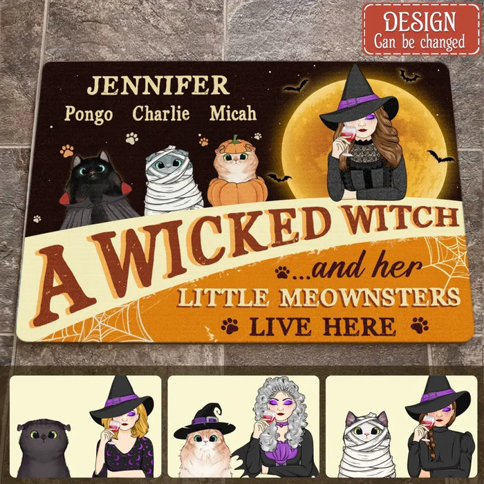 Personalized Halloween Witch Cat Doormat - Gift Idea For Family/Pet Lover - Up to 7 Cats - A Wicked Witch And Her Little Meownsters Live Here