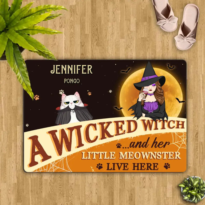 Personalized Halloween Witch Cat Doormat - Gift Idea For Family/Pet Lover - Up to 7 Cats - A Wicked Witch And Her Little Meownsters Live Here