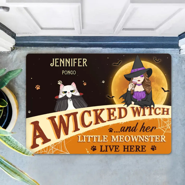 Personalized Halloween Witch Cat Doormat - Gift Idea For Family/Pet Lover - Up to 7 Cats - A Wicked Witch And Her Little Meownsters Live Here