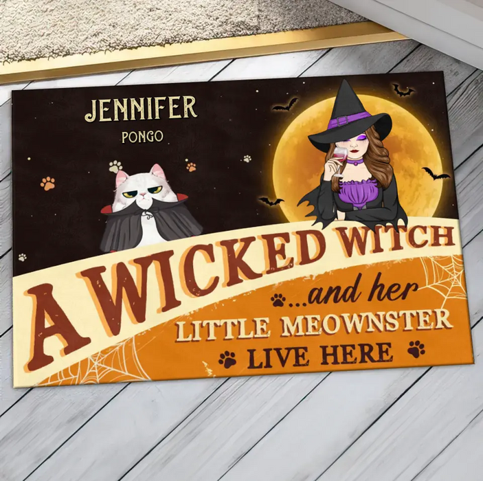 Personalized Halloween Witch Cat Doormat - Gift Idea For Family/Pet Lover - Up to 7 Cats - A Wicked Witch And Her Little Meownsters Live Here
