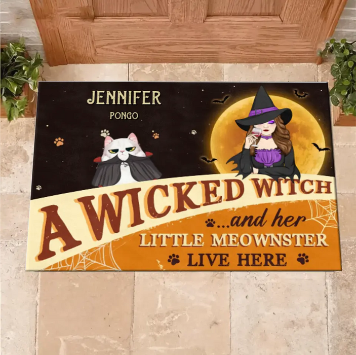 Personalized Halloween Witch Cat Doormat - Gift Idea For Family/Pet Lover - Up to 7 Cats - A Wicked Witch And Her Little Meownsters Live Here