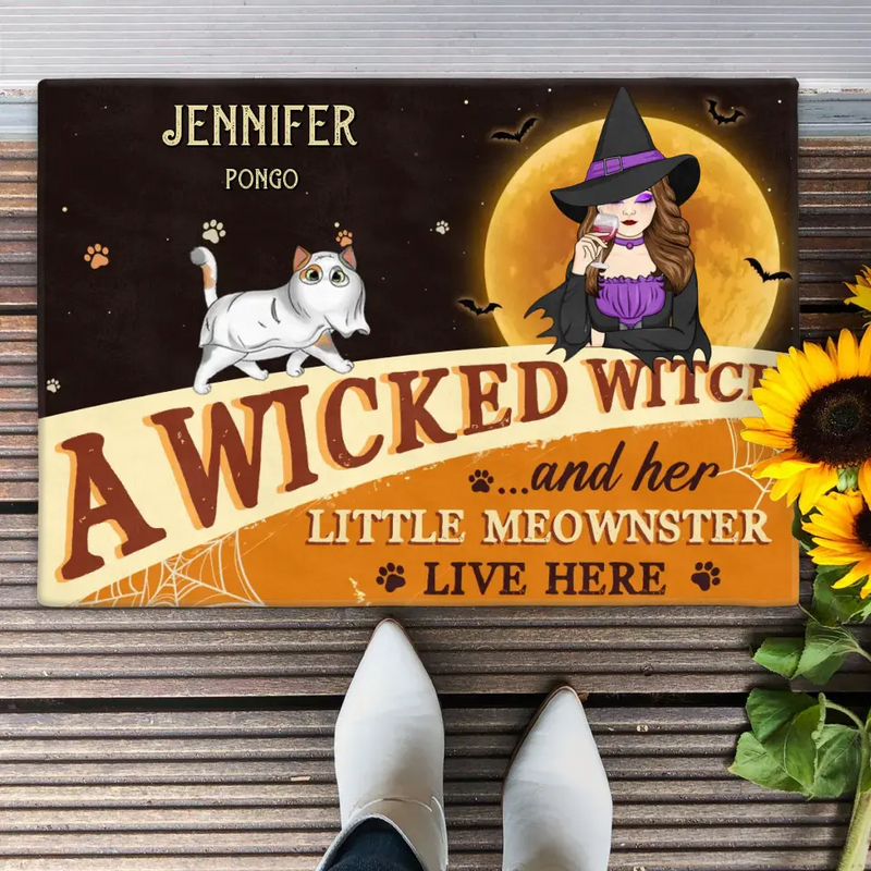 Personalized Halloween Witch Cats Doormat - Gift Idea For Family/Pet Lover - Up to 6 Cats - A Wicked Witch And Her Little Meownsters Live Here