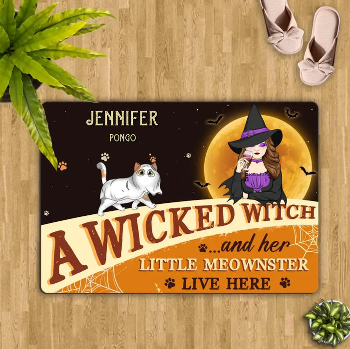 Custom Personalized Halloween Witch Cats Doormat - Gift Idea For Family/ Pet Lover - Upto 6 Cats - A Wicked Witch And Her Little Meownsters Live Here