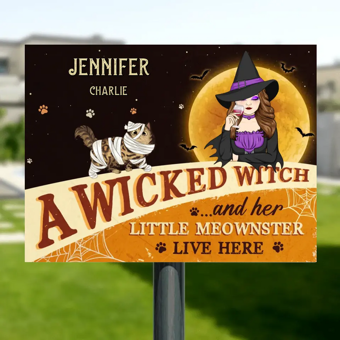 Custom Personalized Witch Cat Metal Sign - Halloween Gift Idea For Family/ Pet Lover - Upto 6 Cats - A Wicked Witch And Her Little Meownsters Live Here