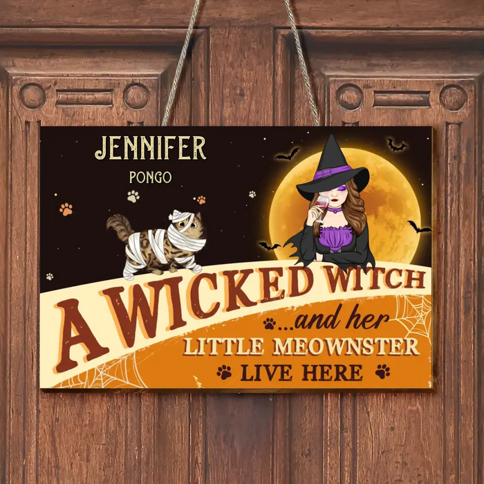 Custom Personalized Witch Cat Wooden Sign - Halloween  Gift Idea For Family/ Pet Lover - Upto 6 Cats - A Wicked Witch And Her Little Meownster Live Here