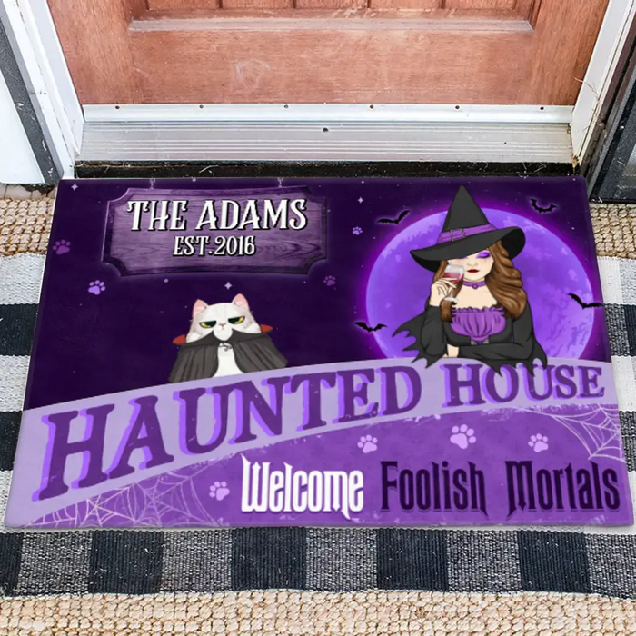 Custom Personalized Witch Cat Doormat - Halloween Gift Idea For Family/ Pet Lover - Upto 7 Cats - Haunted House Welcome Foolish Mortals