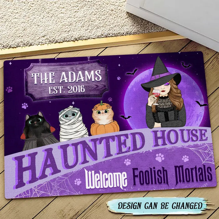 Custom Personalized Witch Cat Doormat - Halloween Gift Idea For Family/ Pet Lover - Upto 7 Cats - Haunted House Welcome Foolish Mortals